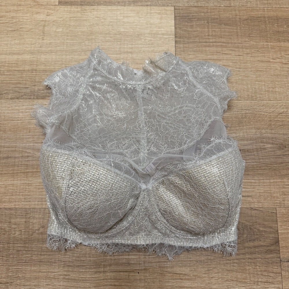 Victorias Secret Dream Angels Wicked Silver Metallic Lace Halter Bra 34DDD
